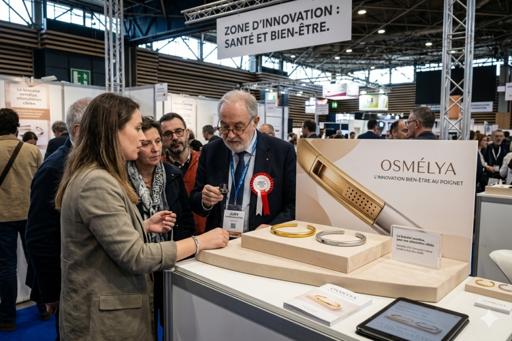 Stand Osmélya au Concours Lépine - présentation du bracelet olfactif réutilisable or et argent devant un jury dans la zone d'innovation Santé et Bien-être