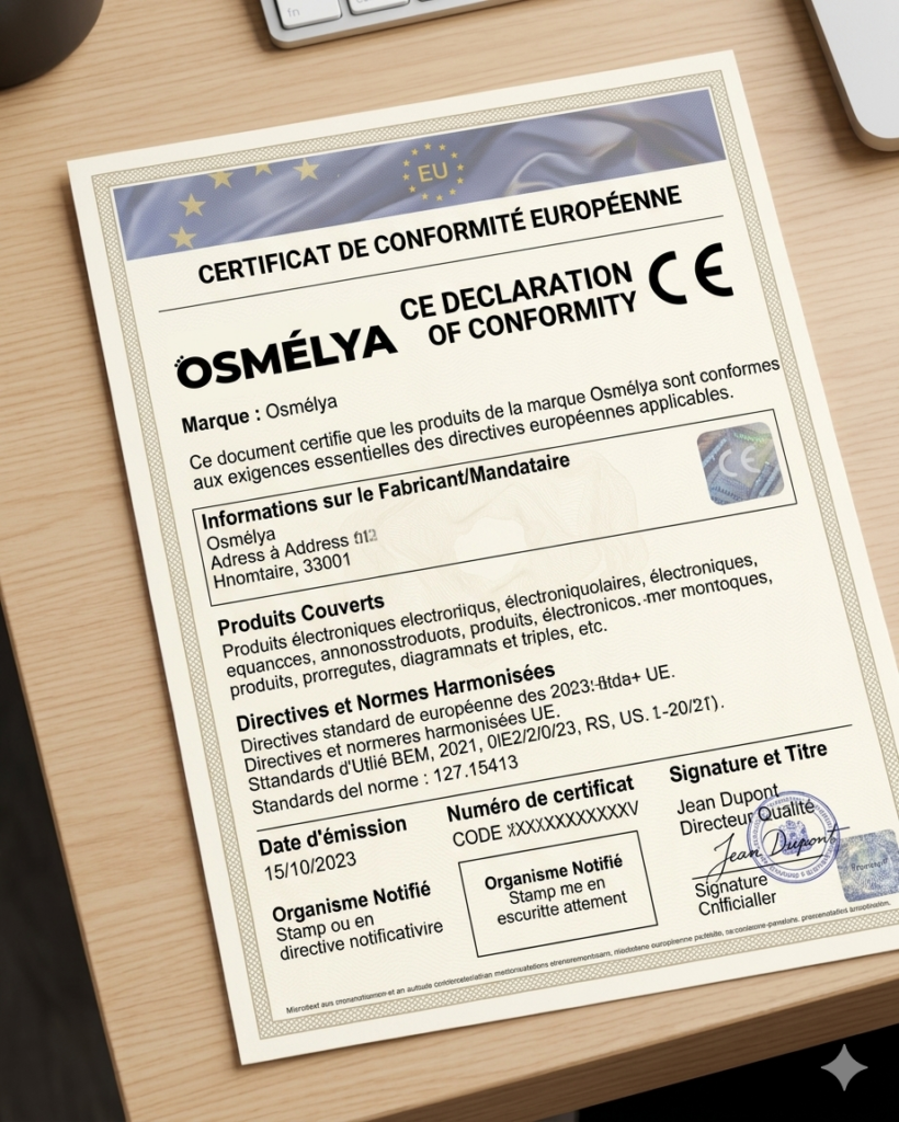 Certificat de conformité européenne CE d'Osmélya - Déclaration de conformité officielle du bracelet olfactif réutilisable aux normes européennes