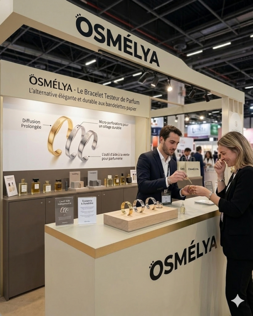 Stand Osmélya lors d'un salon professionnel de la parfumerie - présentation du bracelet olfactif réutilisable à des visiteurs professionnels