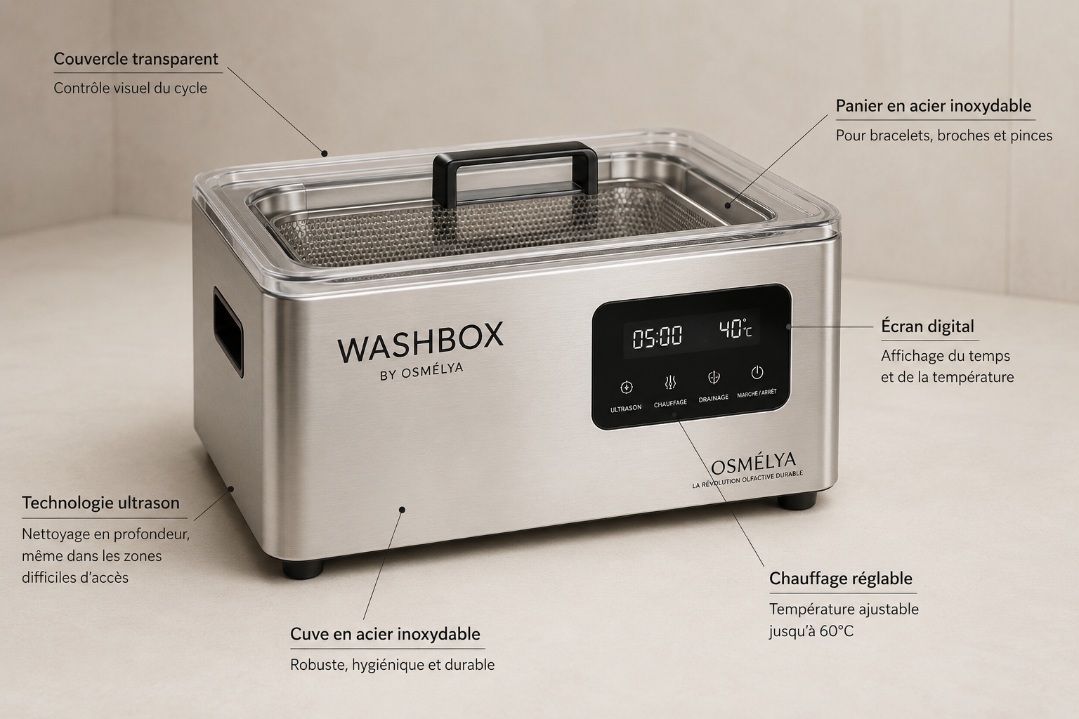 WashBox by Osmélya - Station de nettoyage par ultrasons en acier inoxydable avec couvercle transparent, écran digital et panier amovible, conçue pour nettoyer les bracelets, broches et pinces parfumables